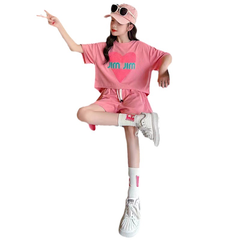 Ropa de verano para niñas traje 2023 nuevo estilo occidental ropa para niños verano para niños amor pantalones cortos de manga corta traje de dos piezas