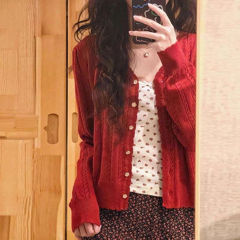 Ancora Red Embroidered Bow Knitted Cardigan Women's Early Autumn Korean Twist Sweater Short Coat Chanel Style Top