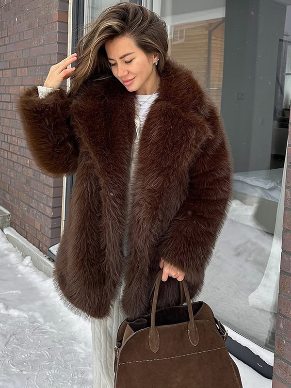 时尚气质宽松舒适纯色中长款皮草大衣外套女2025跨境欧美秋冬新款|undefined