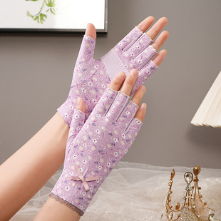 Driving Sun Protection Gloves for Women, Thin Korean Style Summer Cycling Non-Slip Fingerless Manicure Anti-Uv Ice Silk Half-Finger Gloves