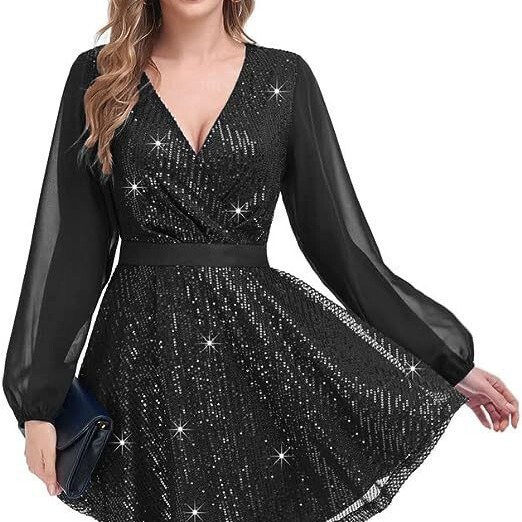Cross-Border New European and American Style Sequined Loose Dress Party Long-Sleeved Casual Loose Mini Short Dress Cross-Border New European and American Style Sequined Loose Dress Party Long-Sleeved Casual Loose Mini Short Dress
