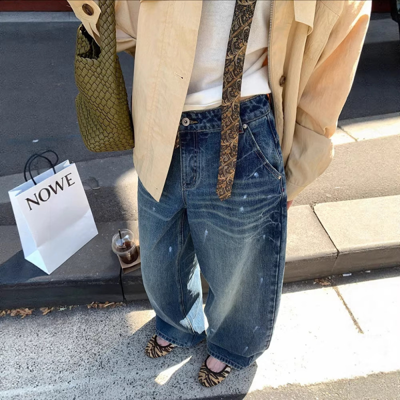 Manchester Relaxed Vibe! D-Brand Designer Heavy-Duty Washed Whiskered Denim Wide-Leg Pants