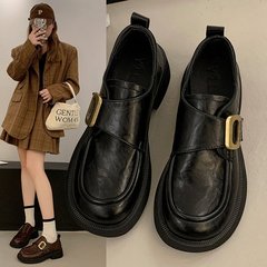 厚底乐福鞋女款2025秋季新款粗跟黑色小皮鞋中跟英伦风一脚蹬单鞋