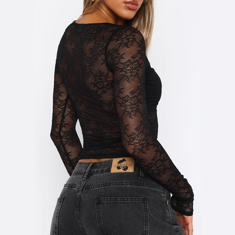 Amazon Cross-border European and American Women's Base Shirt Perspective Sexy Round Neck T-shirt Slim Solid Color Long Sleeve Lace Top