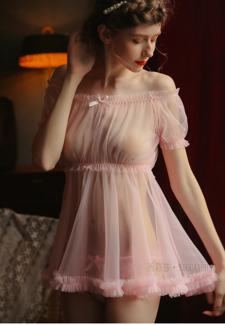 Sheer Mesh Babydoll Nightdress with Matching Panty, Pink One Size — detail image 26