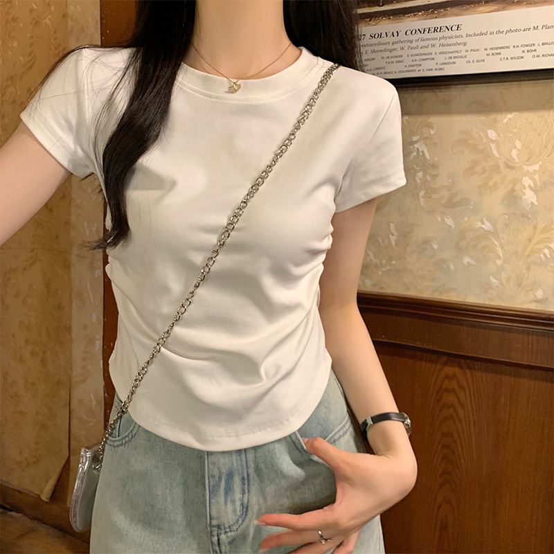 Pure Cotton Round Neck Right Shoulder Short-Sleeved T-Shirt for Women Summer New Dopamine Small Age-Reducing Salt Sweet Milk Versatile Top Pure Cotton Round Neck Right Shoulder Short-Sleeved T-Shirt for Women Summer New Dopamine Small Age-Reducing Salt Sweet Milk Versatile Top