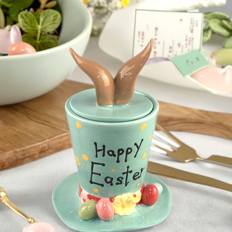 Easter Cross-Border Creative Ceramic Rabbit Ear Hat Jar High-Value Cute Candy Jar Storage Jar Home Decoration