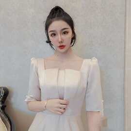 缎面伴娘服平时可穿2026新款夏季法式姐妹团礼服裙遮肉显瘦女长袖