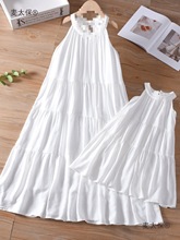 扎染白裙子法式茶歇亲子装母女夏季挂脖沙滩裙海边度假白色麦太保