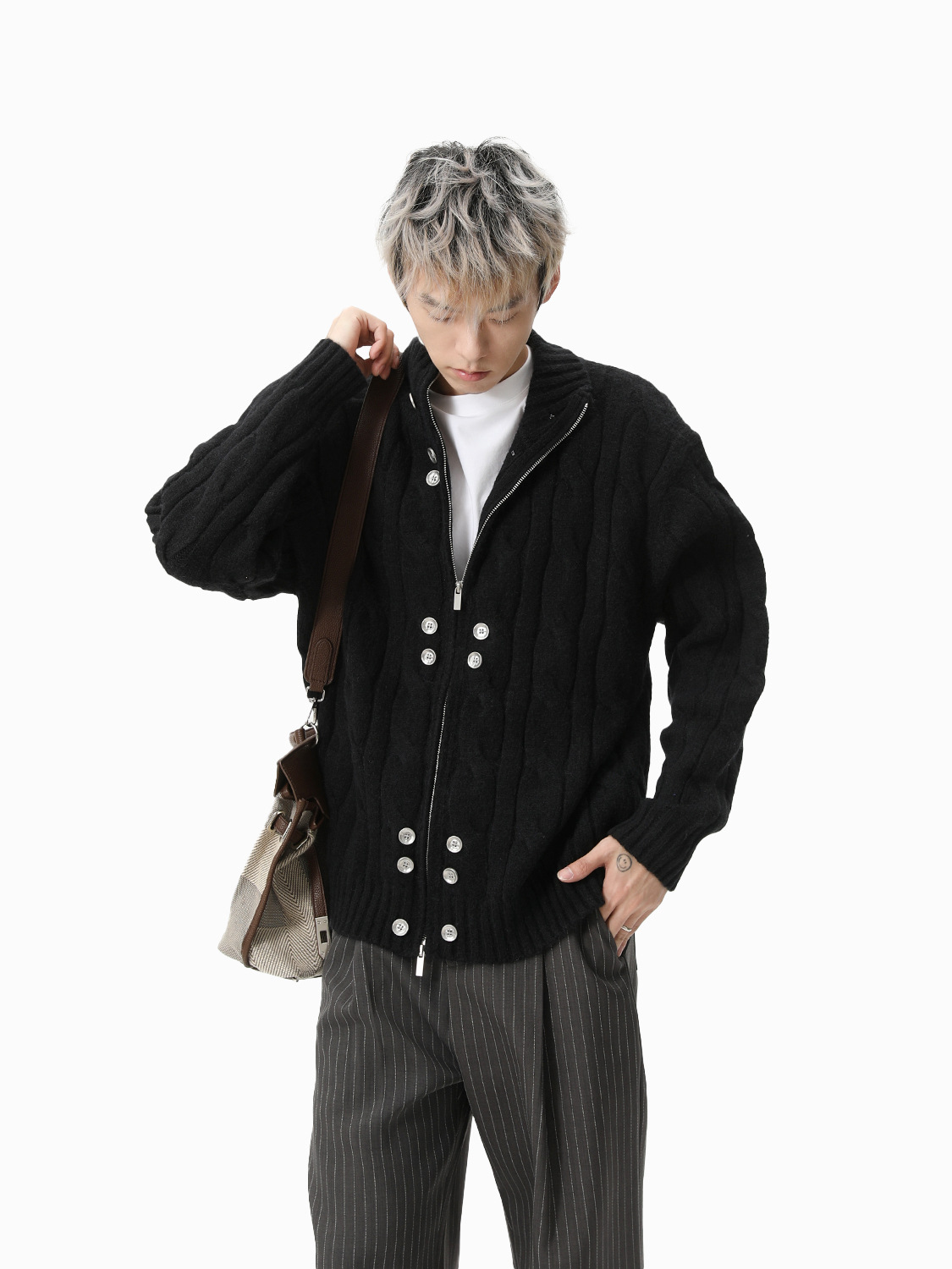 MTLCLOTHES Hombres| Diseño de nicho suéter de diseño de botón de jersey de punto suelto con doble cremallera