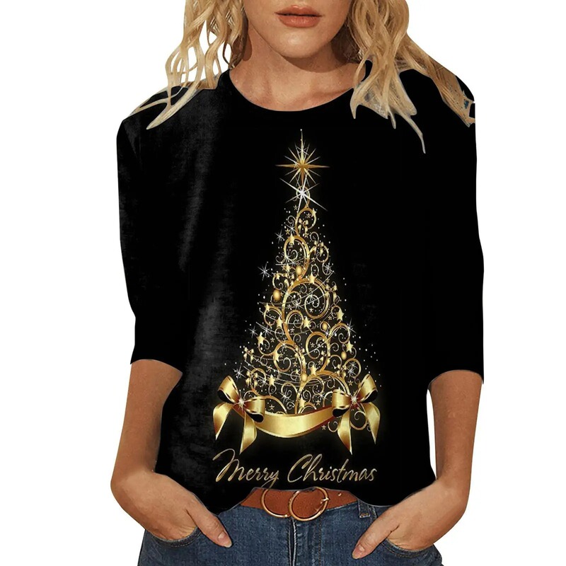 Cross-border three-quarter sleeve short-sleeved T-shirt 3D printed women's sports T-shirt top Christmas tree skirt decoration