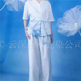 亚麻腰部横系带V领裤装两件套