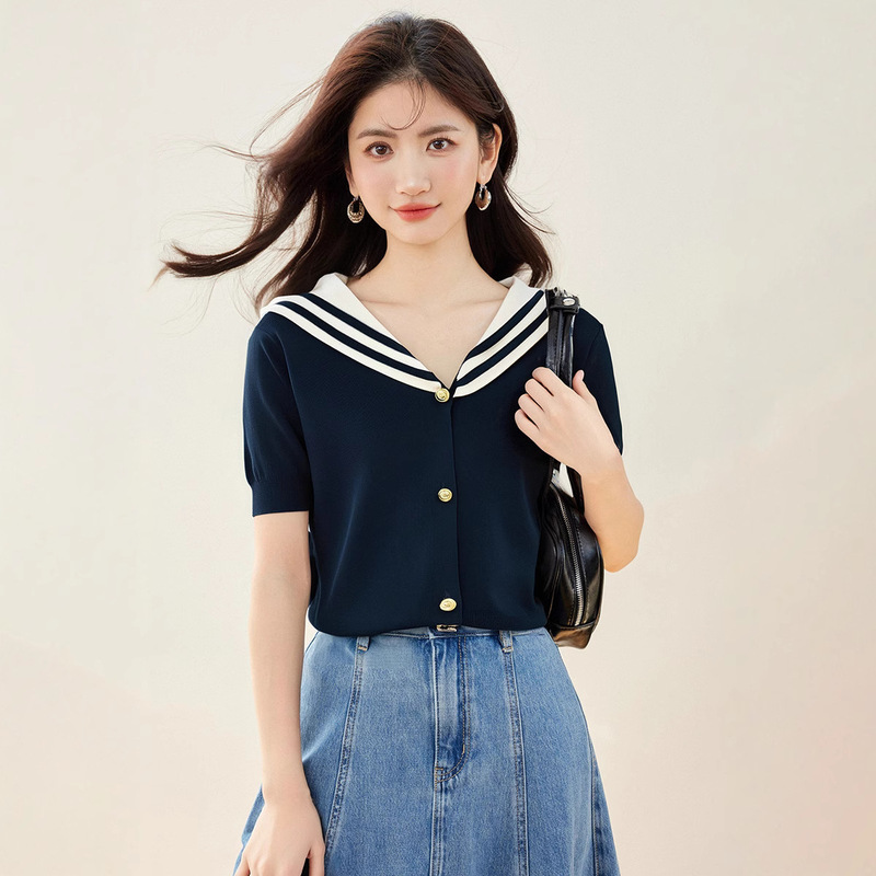 Contrast Color Striped Ice Silk Knitted Shirt Short-sleeved Women's 2025 New Stylist Age-reducing Navy Collar Cardigan Top Summer Women