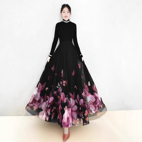 Spring and Summer High-Waist Slimming Double Layer Mesh Swing Flower Print Long Dress Square Dance Little Formal Skirt