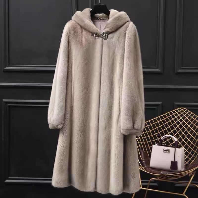2025 Autumn and Winter Imitation Rex Rabbit Fur Coat Women's Imitation Mink Fur Coat Mid-Length Thickened Large Size Hooded