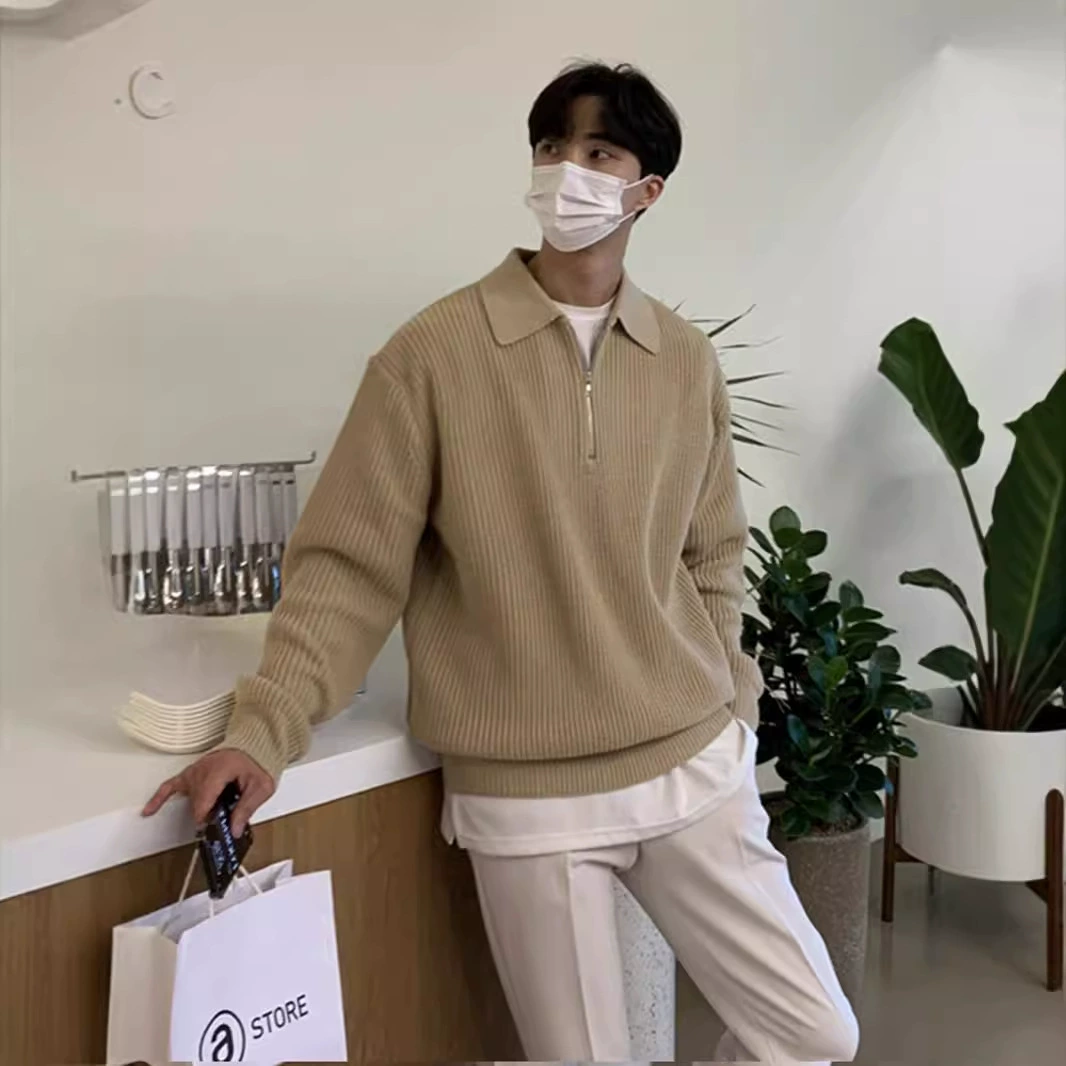 Корейский модный свитер на молнии мужской с лацканами корейский Модный повседневный Однотонный свитер с длинными рукавами модный топ