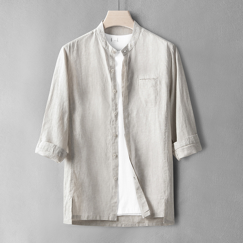Summer Thin Men's Casual Shirt Linen Collar Seven-point Sleeve Slim-fit Shirt Chinese Style Cardigan Breathable Top