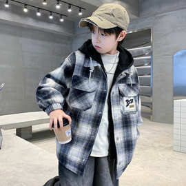 男童冬装格子外套2025新款冬季呢子中大童儿童男孩冬款加棉加厚潮