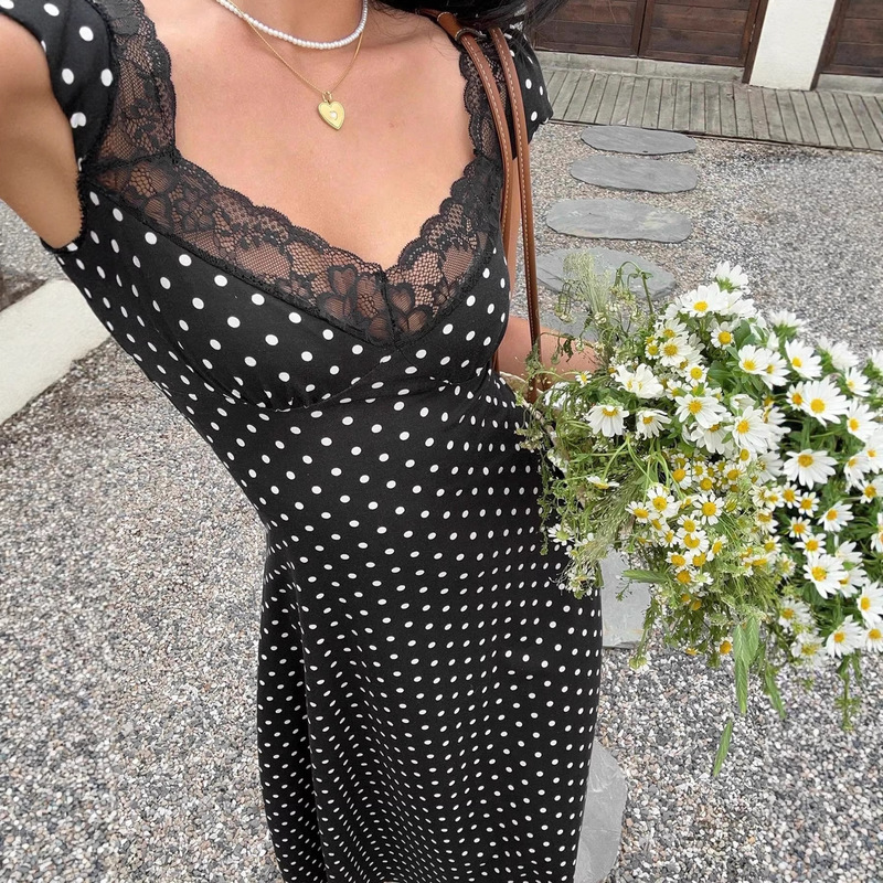 Amazon European and American Cross-Border New Foreign Trade Sexy and Cute Slim-Fit Polka Dot V-Neck Lace-Trimmed Patchwork Dress for Women Amazon European and American Cross-Border New Foreign Trade Sexy and Cute Slim-Fit Polka Dot V-Neck Lace-Trimmed Patchwork Dress for Women