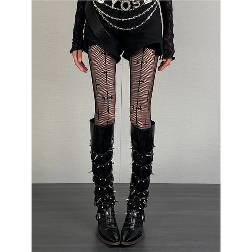 Black cross net stockings sweet and spicy pure desire Y2K punk retro hot girl fishnet stockings niche subculture black stockings