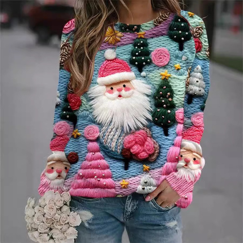 European and American new autumn and winter items Christmas 3D digital printing Santa Claus loose long sleeve round neck hoodie