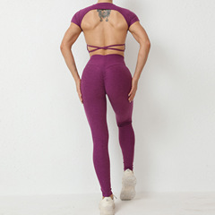 跨境歐美蜜桃緊身提臀瑜伽服套裝運動跑步露背健身服兩件套女