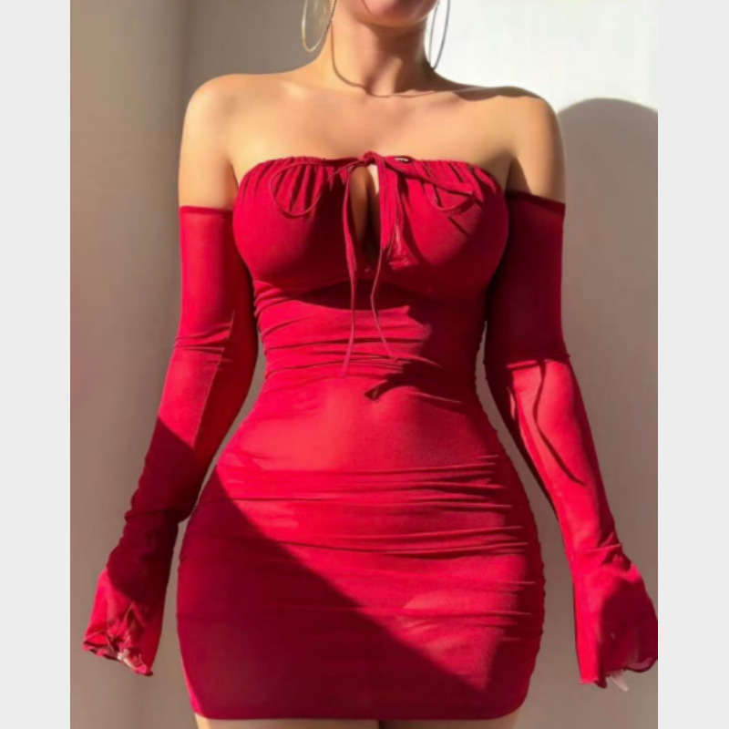 European and American Cross-Border Sexy Transparent Tight Dress with Chest Wrap, Fashionable Lace-Up Sexy Gloves, Large Size Intimates Nightgown