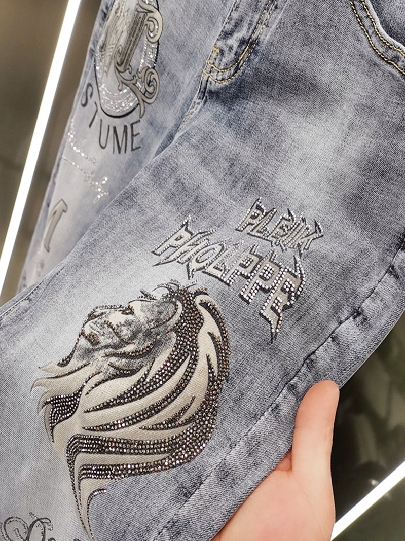 2023 Spring/Summer Jeans Men's Heavy Industry Hot Diamond Printing Fashion Brand Handsome Casual Slim Fit Small Foot_voghion.com