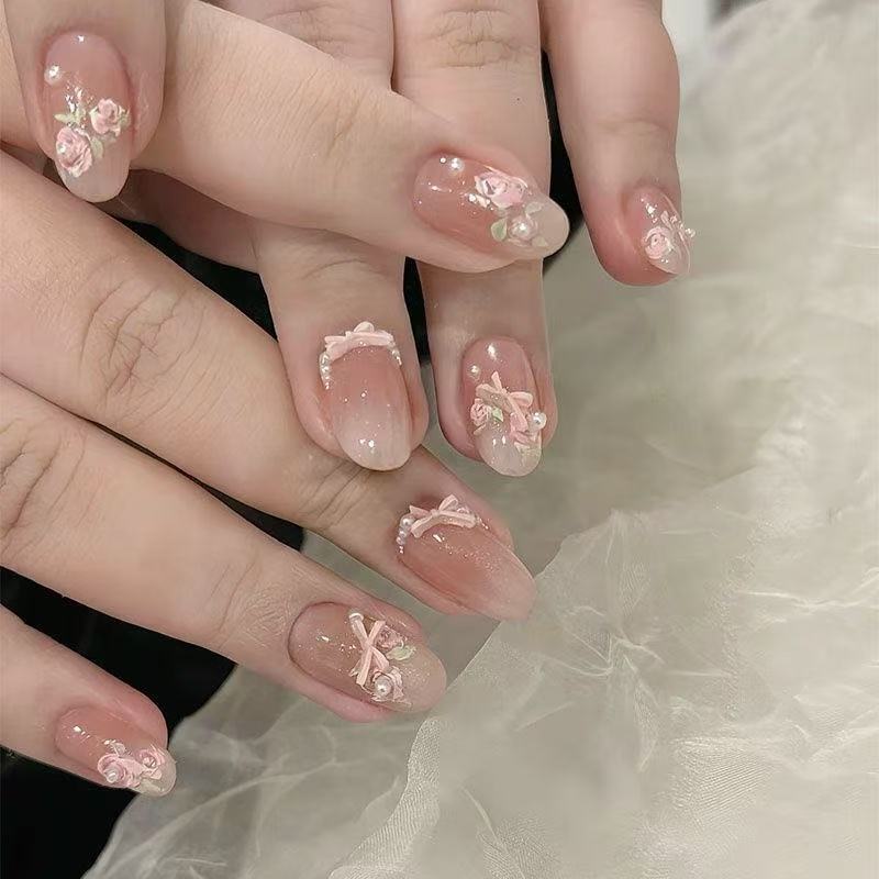 Hand-Wearing Armor Summer Oil Painting Rose Three-Dimensional Bow Atmosphere Painted Armor Pink Tender Maiden Manicure Stickers