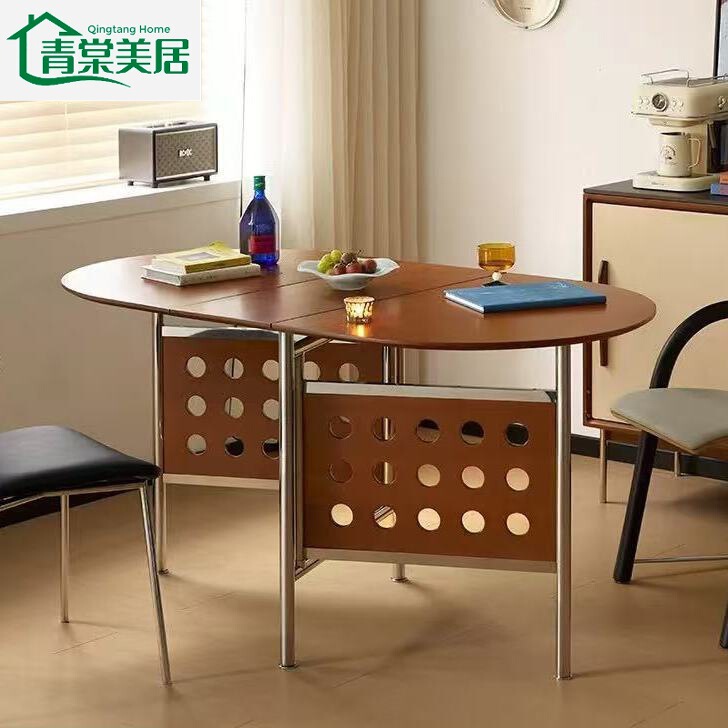 Medieval Style Solid Wood Slate Dining Table Combination Nordic Simple Folding Oval Household Small Solid Wood Retractable Dining Table