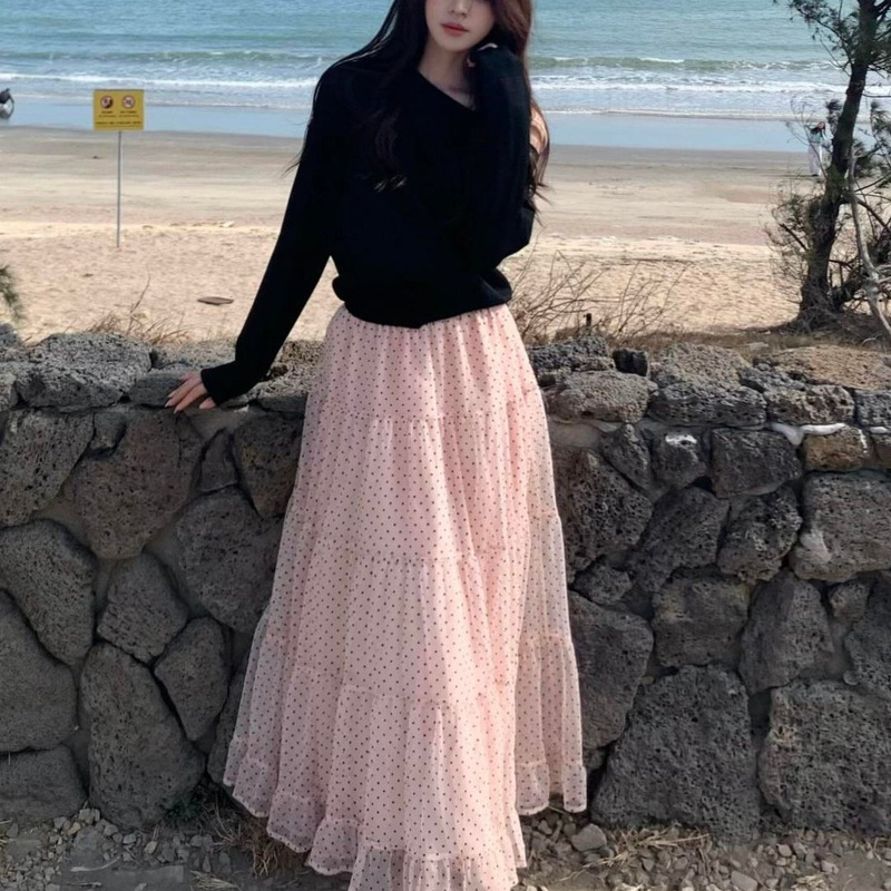 Pink Polka Dot Long Skirt for Women, Summer 2026 New Style, Stunningly Beautiful, Super Nice-Looking Gauze Skirt with Drapey Effect, A-Line Skirt for Petite Figures Pink Polka Dot Long Skirt for Women, Summer 2026 New Style, Stunningly Beautiful, Super Nice-Looking Gauze Skirt with Drapey Effect, A-Line Skirt for Petite Figures