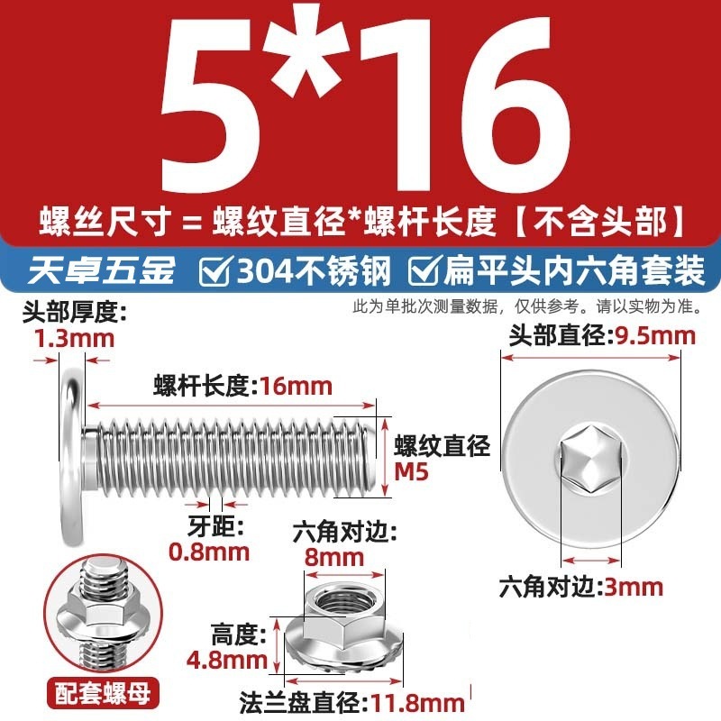 304不锈钢CM大平头超薄头C头扁平头内六角螺丝钉法兰边螺母套装M5|undefined