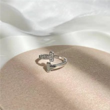 S925純銀開口鑲鑽T字戒指女ins潮冷淡風個性復古指環歐美氣質簡約