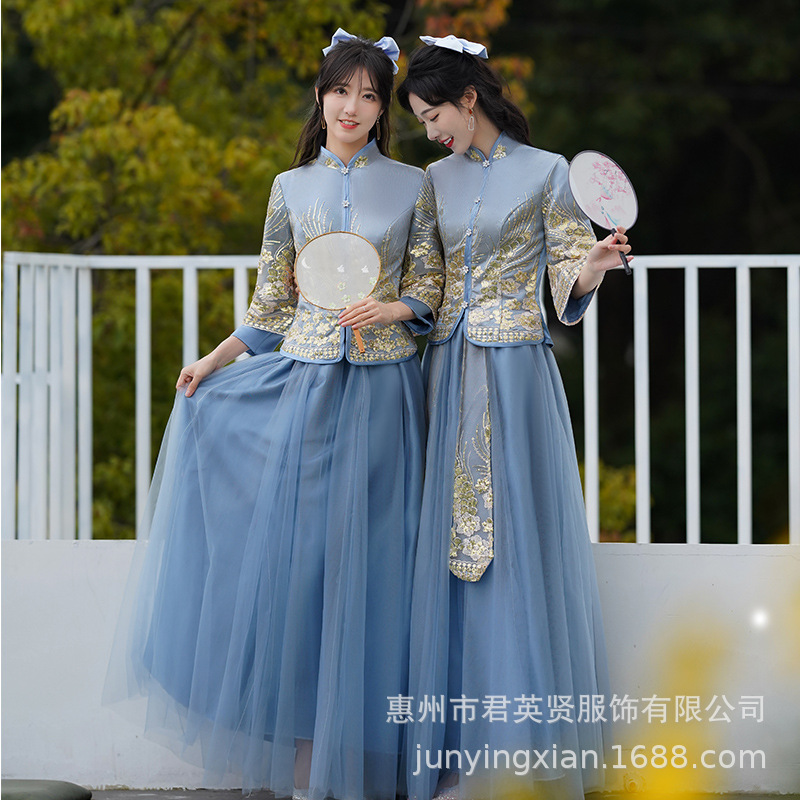 Chinese Bridesmaid Dress 2025 Summer New Sister Group Blue Slim Dress Cheongsam Chinese Style Han Dynasty Bridesmaid Dress