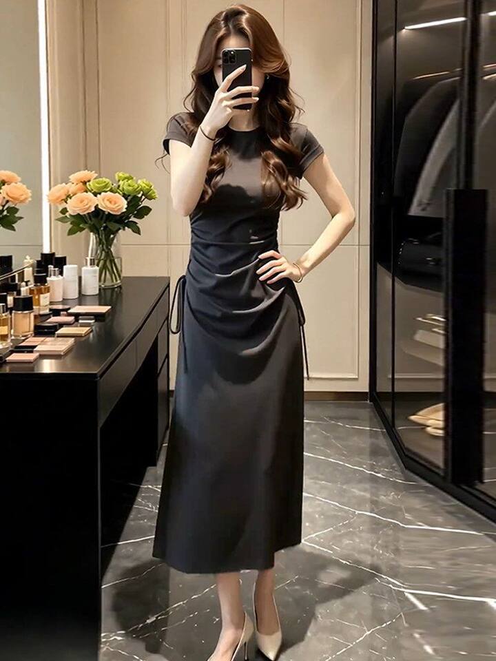 Đầm liền thân tay ngắn cổ polo dáng chữ A chiết eo tôn dáng — Xám đậm [Phiên bản nâng cấp cao cấp], Đen [Phiên bản nâng cấp cao cấp] chi tiết 21