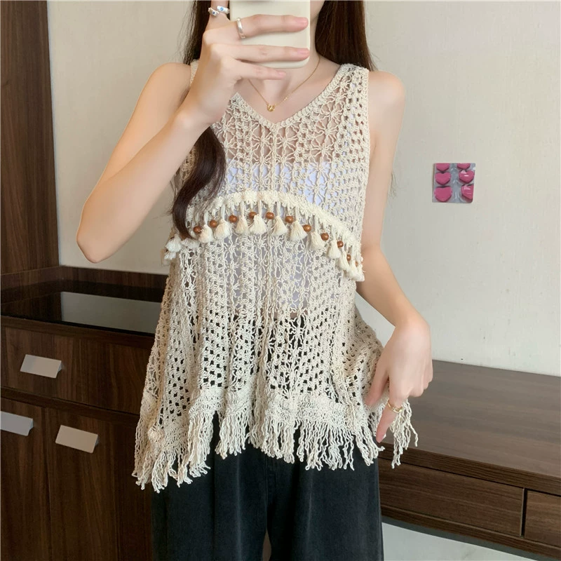 Тяжелый промышленник из бисера кисточки национальный стиль трикотажный жилет женский новый крючок с полой рубашкой без рукавов