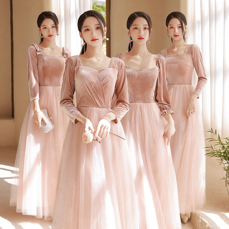 Pink Velvet Bridesmaid Dress 2026 New Spring High-End Niche Sister Group Dress Women Can Wear Casually with Elegance Pink Velvet Bridesmaid Dress 2026 New Spring High-End Niche Sister Group Dress Women Can Wear Casually with Elegance