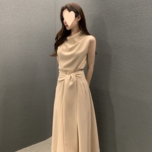 韩系夏季法式优雅堆堆领绑带收腰显瘦无袖背心连衣裙中长裙女