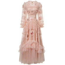 重工亮片立体花长袖荷叶边粉色礼服蓬蓬连衣裙欧美女装秋冬新2025