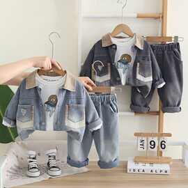 黁白男宝宝2025春秋季新款套装超酷小男孩秋装洋气休闲牛仔长袖三