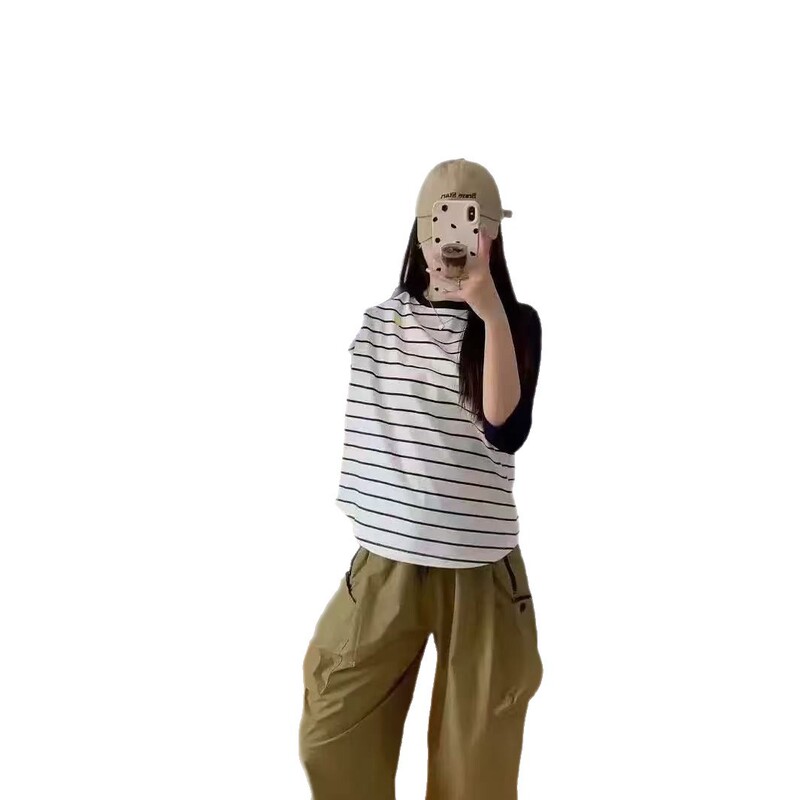レディース春夏ストライプ柄インナーシャツ七分袖三色配色Tシャツ韓国風純綿インナーシャツストライプ|undefined