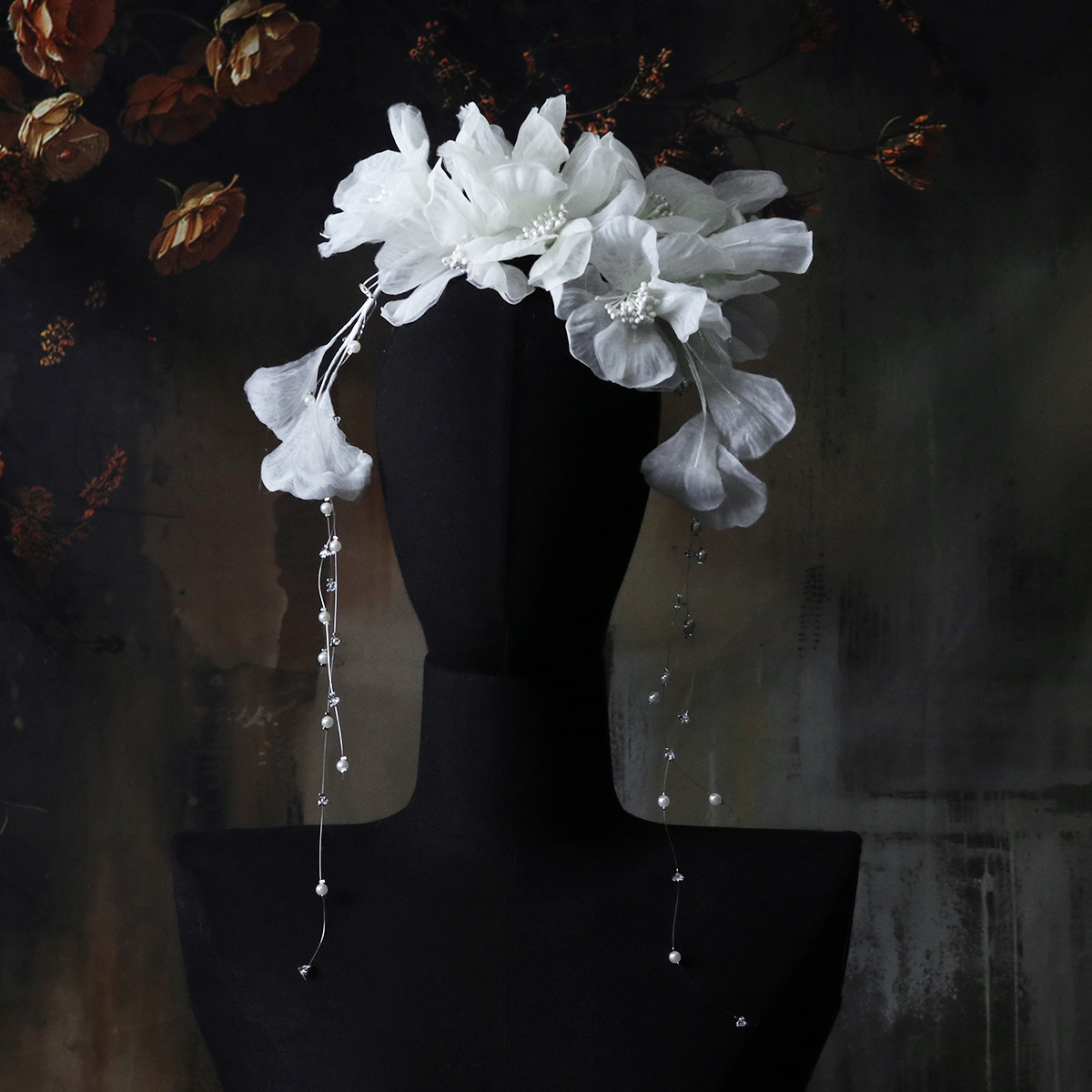 Korean-style ethereal beaded tassel flower headband, silk flower voluminous hair accessory, bridal headpiece for wedding makeup and styling