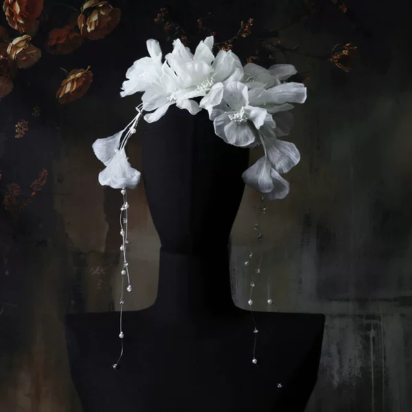 Korean-style ethereal beaded tassel flower headband, silk flower voluminous hair accessory, bridal headpiece for wedding makeup and styling