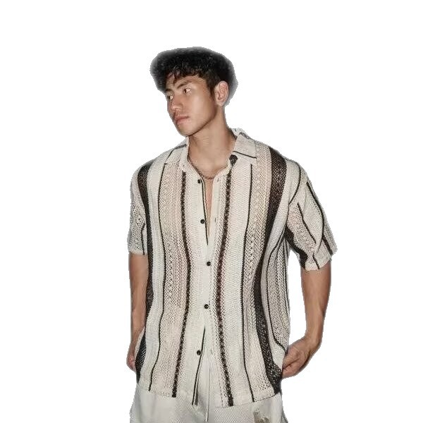 POLO camisa solapa suéter de manga corta cardigan de hombre rayas huecas chaqueta retro camiseta comercio exterior al por mayor transfronterizo de moda