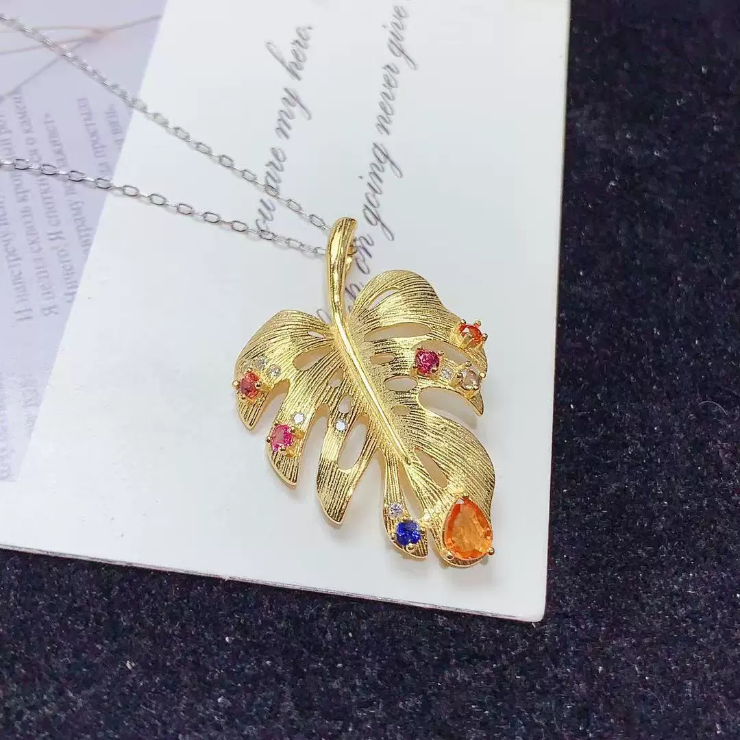 Срединный стиль золотой матовый лист подвеска изысканный высокий дизайн нишу 925 серебряный инкрустированный цветной сапфир