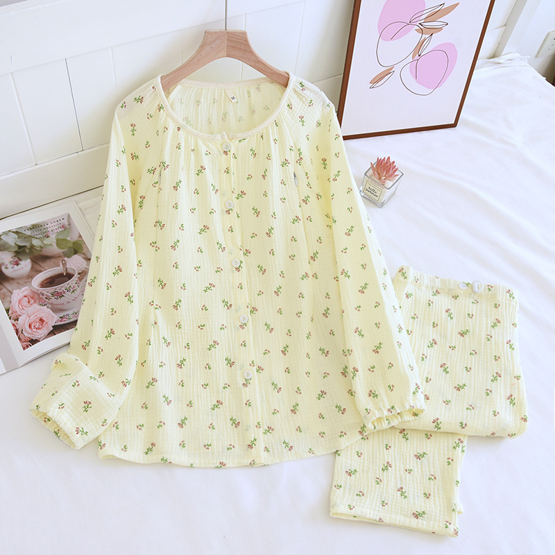 Pure Cotton crepe confinement clothing spring and autumn maternity pajamas nursing suit thin pastoral style maternity postpartum loose
