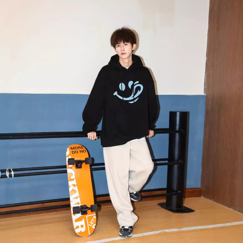 250g Heavyweight Smiling Print Hooded Fleece Sweatshirt for Men Autumn American Style Boy with Hat Outerwear