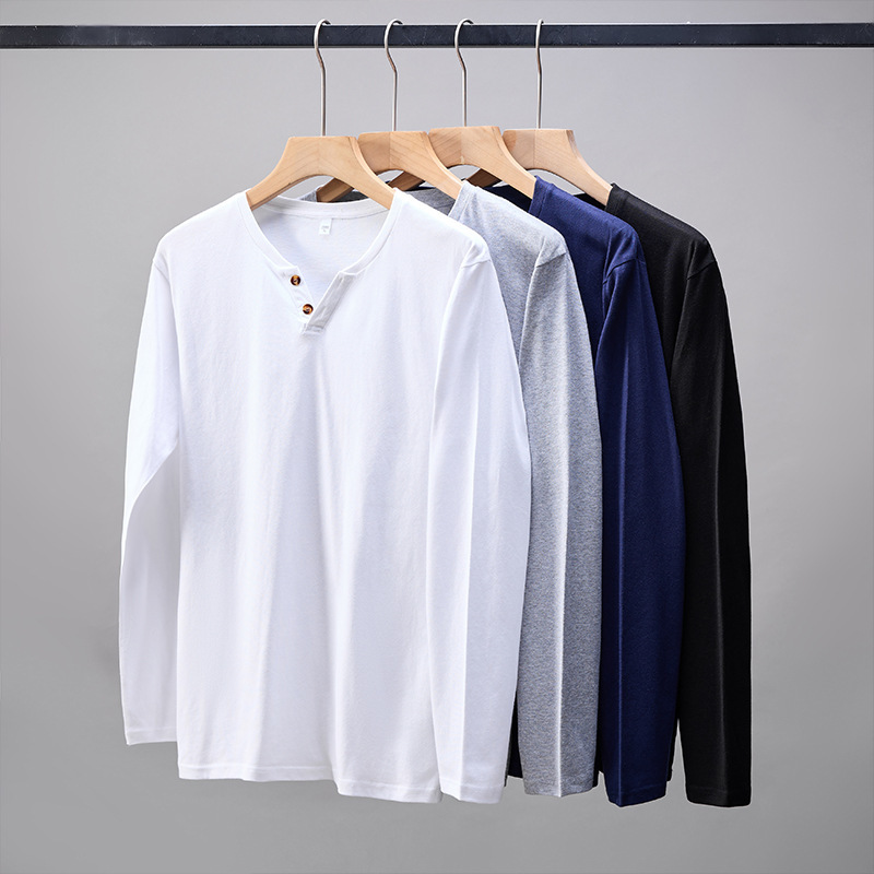 Button V-Neck Long-Sleeve Spring/Summer Thin Men's Plus-Size Loose Pure Cotton Two-Button T-Shirt Wholesale from Manufacturer