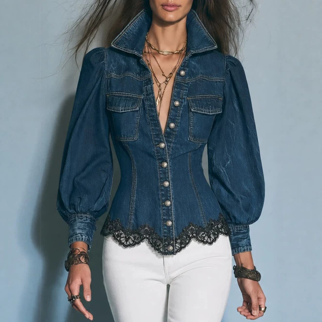 European and American cross-border independent website vintage bohemian denim lace-trimmed puff sleeve button-up shirt European and American cross-border independent website vintage bohemian denim lace-trimmed puff sleeve button-up shirt