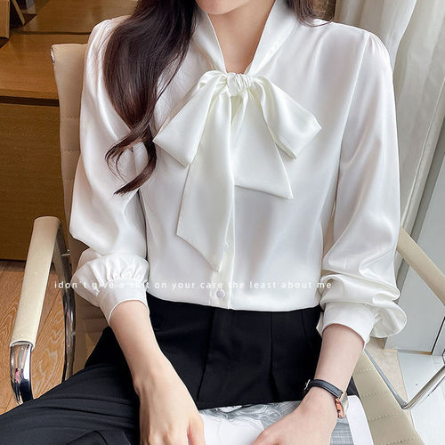 Autumn White Long-Sleeve Chiffon Shirt for Women with Flowing Hem, Korean Style Blouse with Belted Top, Gentle Wind Quality, Wearable as an Outer Shirt